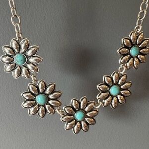 NWOT Lucky Brand Silver Necklace with Blue Floral Accents